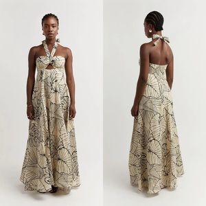 DISSH (EUC) | Malta Halter Linen Knot Dress Palm Leaf Maxi Dress
